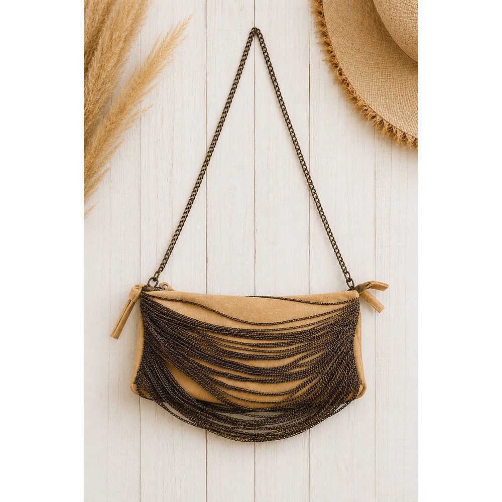 Industry Tan Suede Leather Chain Strap Crossbody Purse‎ Western Festival Rodeo